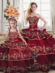 Dramatic Wine Red Lace Up Quinceanera Gown Embroidery and Ruffled Layers Sleeveless Floor Length
