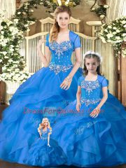 Colorful Sweetheart Sleeveless Quinceanera Gowns Floor Length Beading and Ruffles Blue Tulle