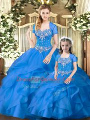 Colorful Sweetheart Sleeveless Quinceanera Gowns Floor Length Beading and Ruffles Blue Tulle