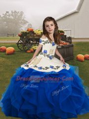 Customized Sleeveless Floor Length Embroidery and Ruffles Lace Up Winning Pageant Gowns with Blue