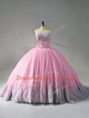 Sweetheart Sleeveless Court Train Lace Up Ball Gown Prom Dress Pink Tulle