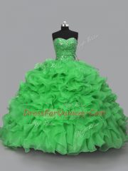 Deluxe Green Ball Gowns Beading and Ruffles Quince Ball Gowns Lace Up Organza Sleeveless Floor Length