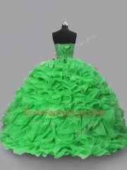 Deluxe Green Ball Gowns Beading and Ruffles Quince Ball Gowns Lace Up Organza Sleeveless Floor Length
