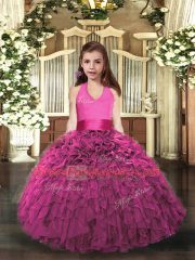 Sleeveless Organza Floor Length Lace Up High School Pageant Dress in Hot Pink with Ruffles