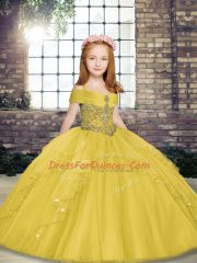 Straps Sleeveless Tulle Kids Pageant Dress Beading Lace Up