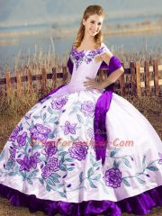 Smart White And Purple Satin Lace Up Ball Gown Prom Dress Sleeveless Floor Length Embroidery and Ruffles