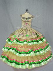 Popular Floor Length Lace Up Quinceanera Dresses Olive Green for Sweet 16 and Quinceanera with Embroidery and Ruffled Layers