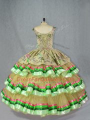 Popular Floor Length Lace Up Quinceanera Dresses Olive Green for Sweet 16 and Quinceanera with Embroidery and Ruffled Layers