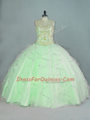Apple Green Ball Gowns Straps Sleeveless Organza Floor Length Lace Up Beading and Ruffles Sweet 16 Quinceanera Dress