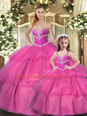 Discount Hot Pink Ball Gowns Sweetheart Sleeveless Organza Floor Length Lace Up Beading Sweet 16 Quinceanera Dress