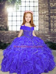Straps Sleeveless Little Girls Pageant Dress Floor Length Beading and Ruffles Purple Organza