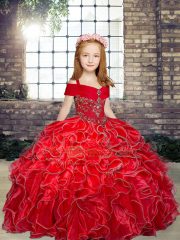 Red Ball Gowns Beading and Ruffles Pageant Dress for Womens Lace Up Organza Sleeveless Floor Length