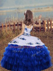 New Style Royal Blue Organza Lace Up Straps Sleeveless Floor Length Little Girls Pageant Dress Wholesale Embroidery and Ruffled Layers