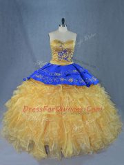 Cute Sleeveless Brush Train Lace Up Embroidery and Ruffles Quince Ball Gowns