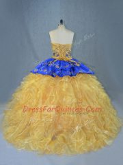 Cute Sleeveless Brush Train Lace Up Embroidery and Ruffles Quince Ball Gowns