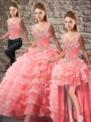 Exceptional Watermelon Red Sleeveless Court Train Beading and Ruffled Layers Quinceanera Gown