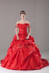 Off The Shoulder Sleeveless Taffeta Quince Ball Gowns Ruching and Pick Ups and Hand Made Flower Brush Train Lace Up