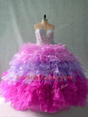 Adorable Beading and Ruffles Sweet 16 Dress Multi-color Lace Up Sleeveless Floor Length