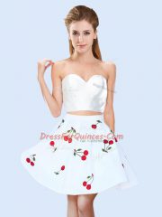 Sleeveless Satin Mini Length Lace Up Quinceanera Court of Honor Dress in White with Pattern