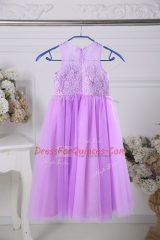Artistic Lavender Empire Scoop Sleeveless Tulle Tea Length Zipper Lace Toddler Flower Girl Dress
