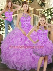 Low Price Lilac Three Pieces Halter Top Sleeveless Tulle Floor Length Lace Up Beading and Ruffles 15 Quinceanera Dress