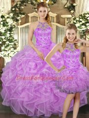 Low Price Lilac Three Pieces Halter Top Sleeveless Tulle Floor Length Lace Up Beading and Ruffles 15 Quinceanera Dress
