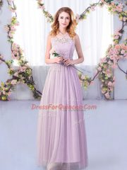 Best Selling Lavender Side Zipper Scoop Lace and Belt Quinceanera Court of Honor Dress Tulle Sleeveless