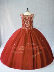 Luxurious Scoop Sleeveless Quinceanera Gowns Floor Length Beading Rust Red Tulle