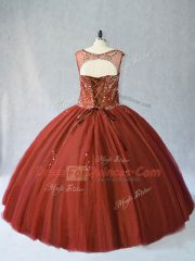 Luxurious Scoop Sleeveless Quinceanera Gowns Floor Length Beading Rust Red Tulle