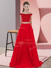 Red Off The Shoulder Backless Beading Prom Gown Sweep Train Sleeveless