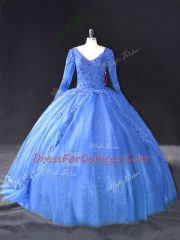 Floor Length Blue 15 Quinceanera Dress V-neck Long Sleeves Lace Up