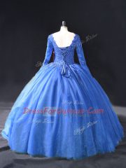 Floor Length Blue 15 Quinceanera Dress V-neck Long Sleeves Lace Up