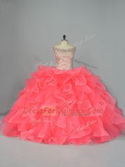 Off The Shoulder Sleeveless Lace Up Quinceanera Dresses Watermelon Red Organza