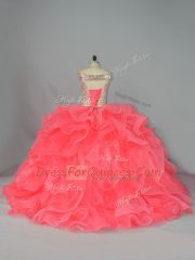 Off The Shoulder Sleeveless Lace Up Quinceanera Dresses Watermelon Red Organza