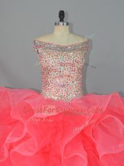 Off The Shoulder Sleeveless Lace Up Quinceanera Dresses Watermelon Red Organza