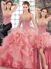 Sleeveless Tulle Brush Train Lace Up Ball Gown Prom Dress in Watermelon Red with Beading and Ruffles