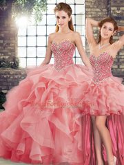 Sleeveless Tulle Brush Train Lace Up Ball Gown Prom Dress in Watermelon Red with Beading and Ruffles