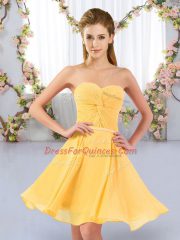 Stunning Gold Empire Sweetheart Sleeveless Chiffon Mini Length Lace Up Ruching Quinceanera Court Dresses
