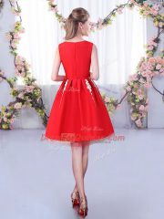 Delicate Red A-line Satin and Tulle Scoop Sleeveless Appliques Knee Length Zipper Quinceanera Dama Dress