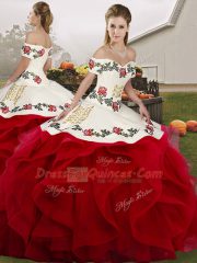 Beauteous White And Red Off The Shoulder Lace Up Embroidery and Ruffles 15th Birthday Dress Sleeveless
