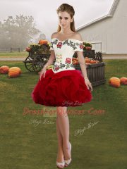 Beauteous White And Red Off The Shoulder Lace Up Embroidery and Ruffles 15th Birthday Dress Sleeveless