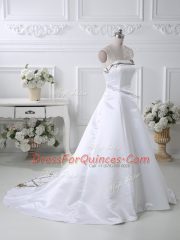 Custom Design White Lace Up Strapless Ruching Dress for Prom Satin Sleeveless Court Train