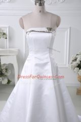 Custom Design White Lace Up Strapless Ruching Dress for Prom Satin Sleeveless Court Train