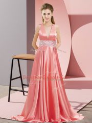Glamorous Watermelon Red Elastic Woven Satin Backless Prom Dresses Sleeveless Brush Train Beading
