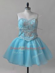 Pretty Sleeveless Organza Mini Length Lace Up Prom Evening Gown in Baby Blue with Beading