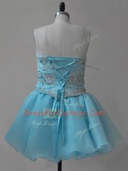 Pretty Sleeveless Organza Mini Length Lace Up Prom Evening Gown in Baby Blue with Beading