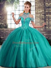 Turquoise Sleeveless Beading Lace Up Quince Ball Gowns
