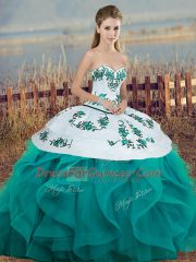 Customized Turquoise Lace Up Sweet 16 Quinceanera Dress Embroidery and Ruffles and Bowknot Sleeveless Floor Length