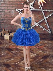 Trendy Royal Blue Organza Lace Up Prom Evening Gown Sleeveless Mini Length Embroidery and Ruffled Layers
