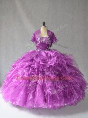 Cute Purple Lace Up Ball Gown Prom Dress Beading and Ruffles Sleeveless Floor Length